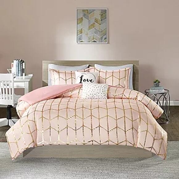 Intelligent Design Khloe Metallic Printed Set QUEEN Pink Gold comforter shams - Picture 1 of 9